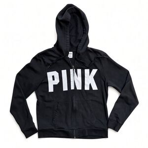 Victoria’s Secret PINK Full Zip Hoodie Black White Logo Lounge Sweatshirt Size M
